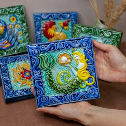 Изразец Русалка цветной синий фон фото