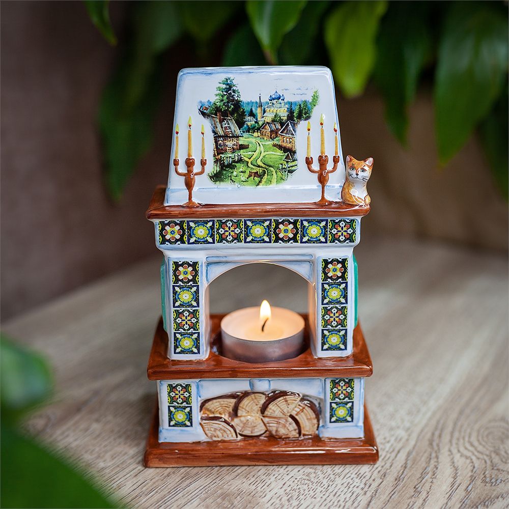 Подсвечник-камин зеленый с пейзажем фото