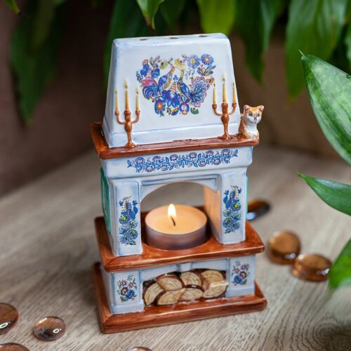 Подсвечник-камин синий с птицами фото