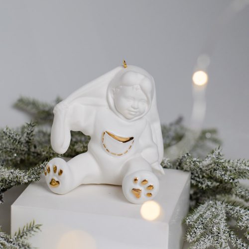 Ёлочная игрушка малыш-Зайчонок малый (фарфор, золото) фото