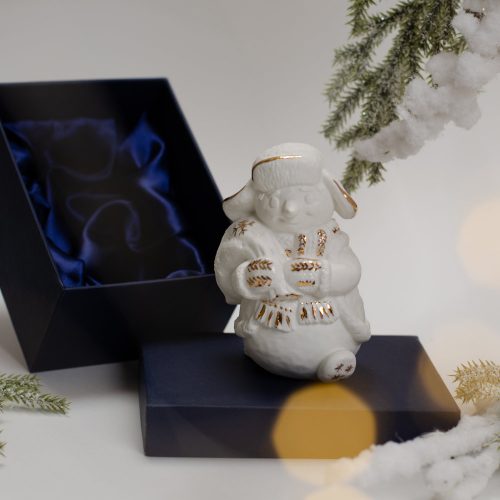 Фигурка Снеговик с мешком фарфор, золото с коробкой фото