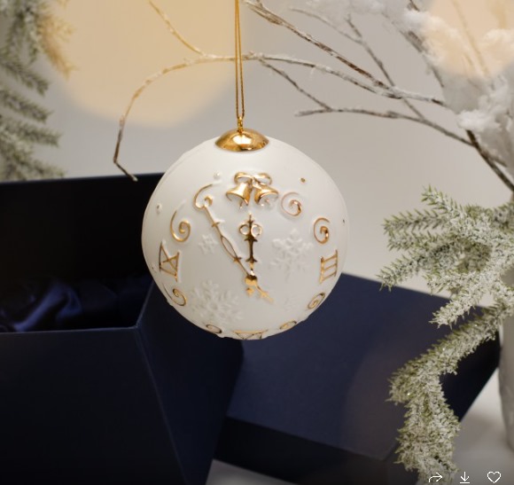 Шар ёлочный с часами (фарфор, золото) с коробкой фото