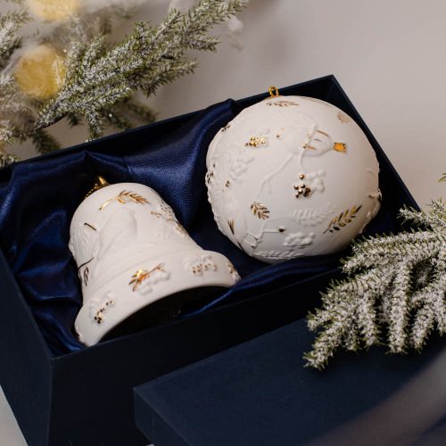 Набор 2 изделия шар, колокол фарфор  (колокол снегири, шар снегири) фото